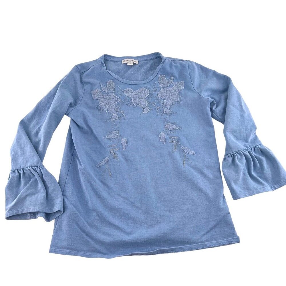 Coldwater Creek Jersey Knit Blouse Light Blue Embroidered size XS‎ Bell Sleeves